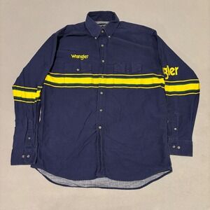 Wrangler Western Shirt Mens XL Navy Blue Stripe Embroidered Long Sleeves Cowboy